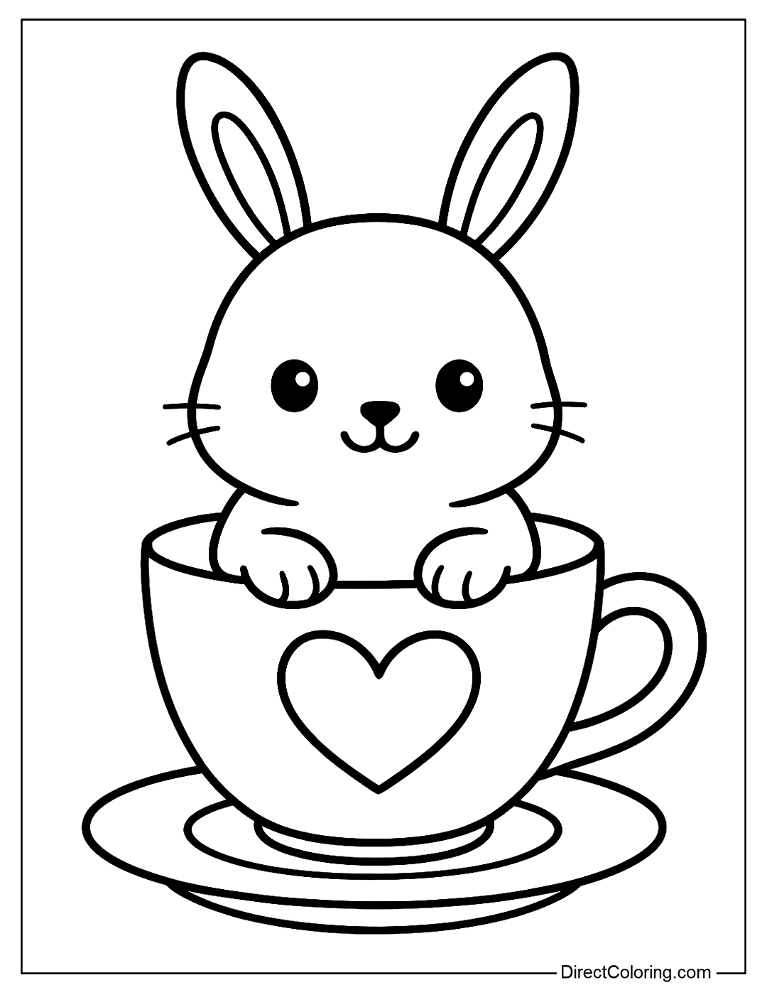 Coloring Page Adorable baby bunny sitting in a heart shaped teacup, with long ears perked up